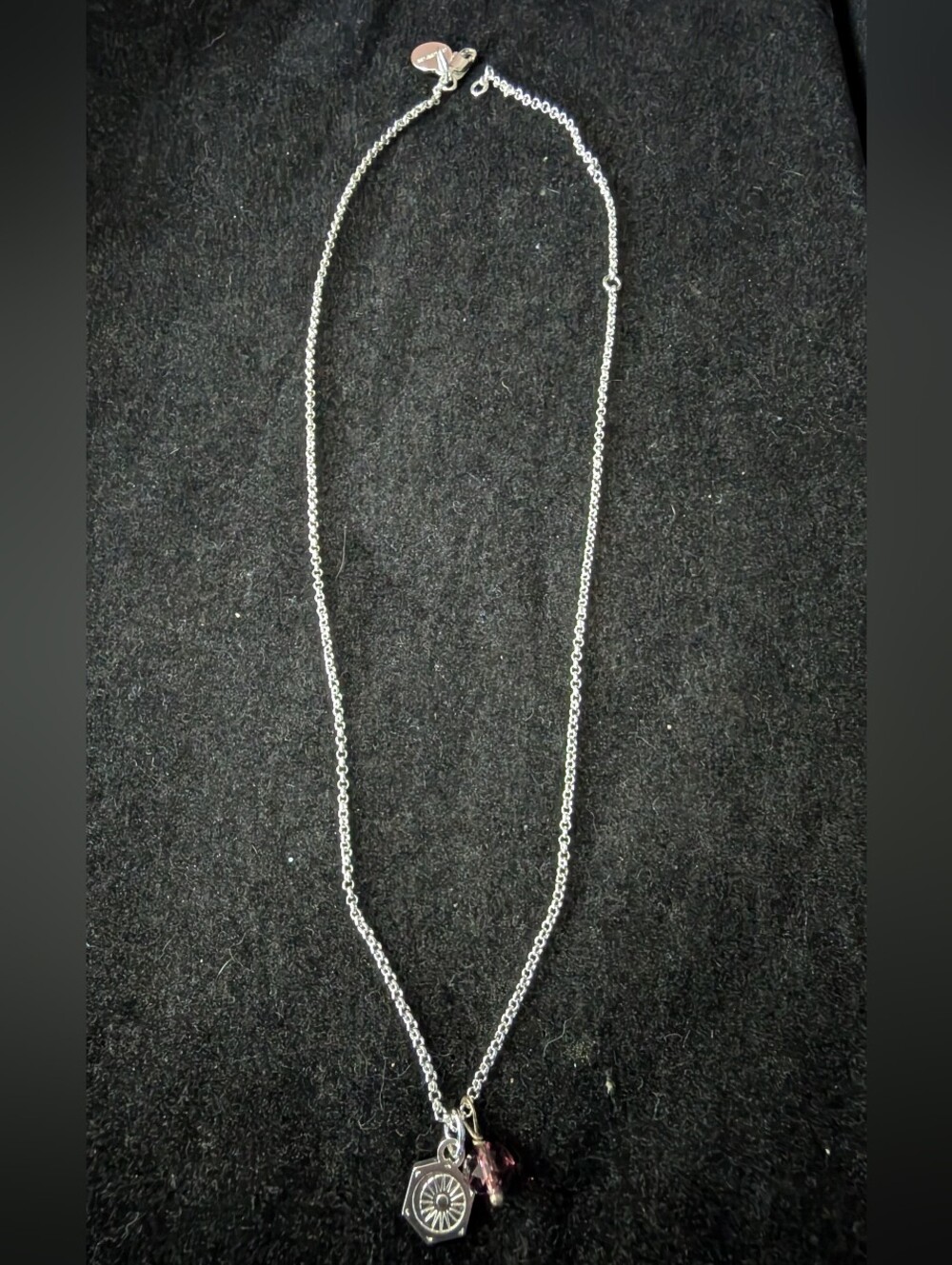 Silver Tone Cosmic Balance Pendant Necklace with Dark Purple Crystal Accent
